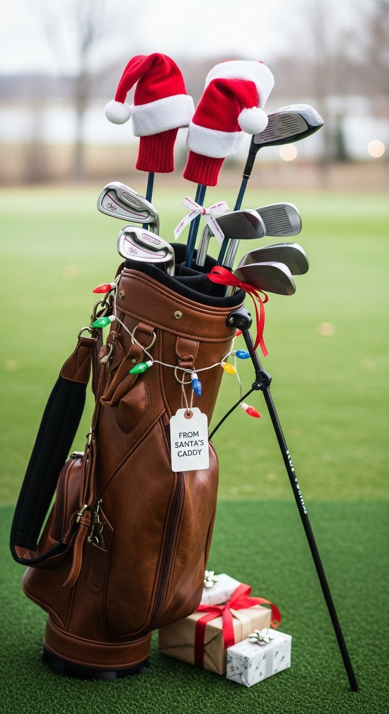 Festive Golf Clubs In A Leather Bag, Adorned With Santa Hats And String Lights, With A 'Santa’s Caddy' Tag.