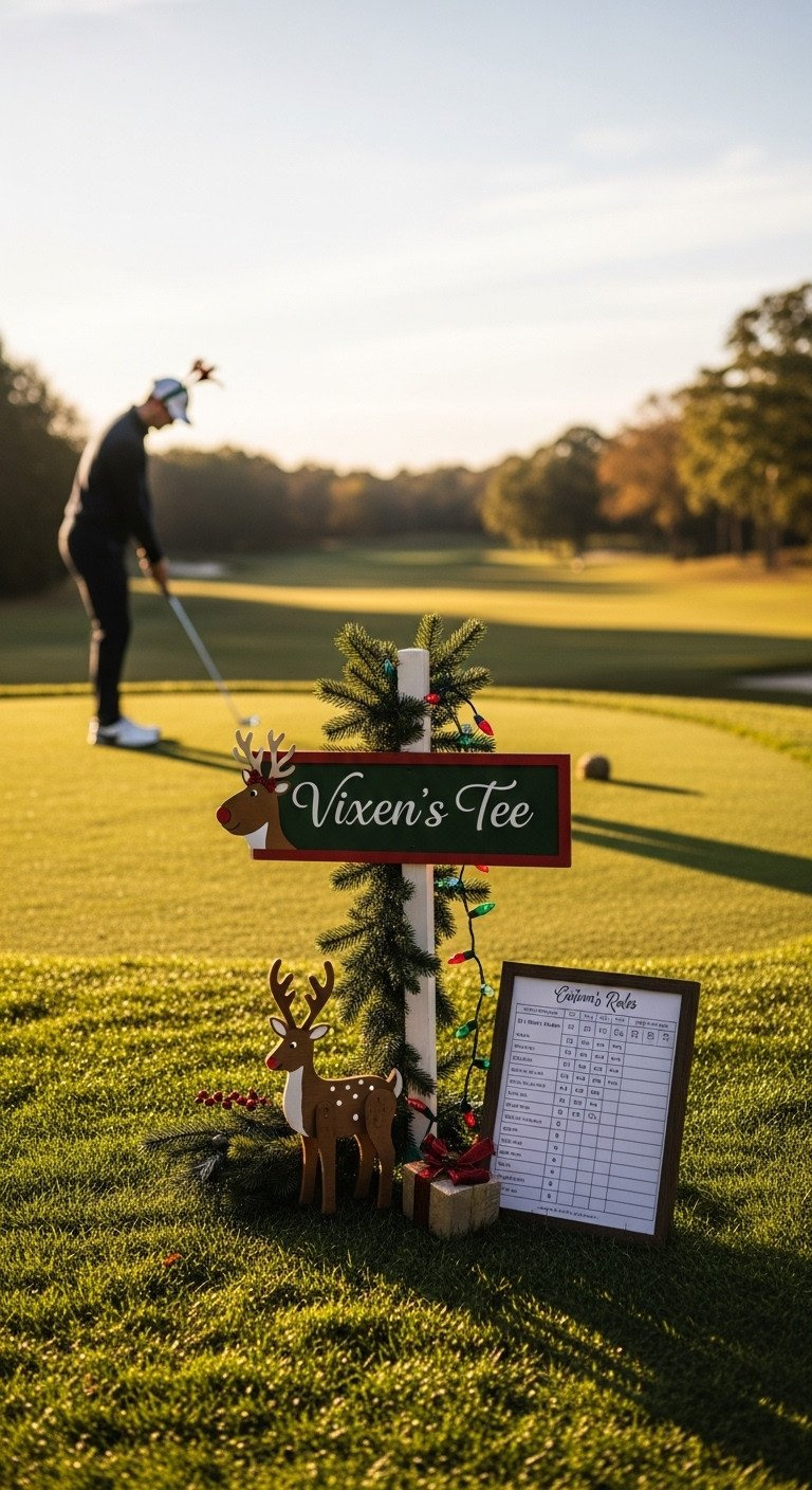 Festive Golf Tee Box With Reindeer Props, Garlands, And A Golfer Wearing Antlers Preparing To Tee Off At Dusk.