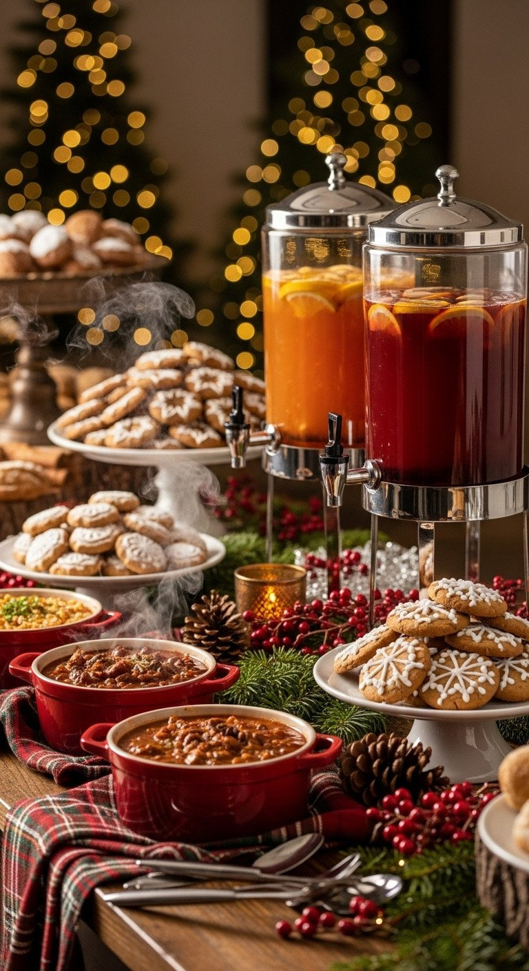 Festive Holiday Buffet With Chili, Gingerbread Cookies, And Hot Chocolate Bar For A Golf Event.