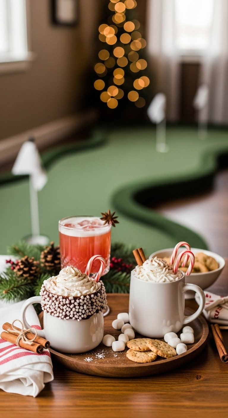 Festive Hot Cocoa Bar With Garnished Mugs, Cocktails, And Snacks Next To An Indoor Mini Golf Course, Creating A Cozy Holiday Ambiance.