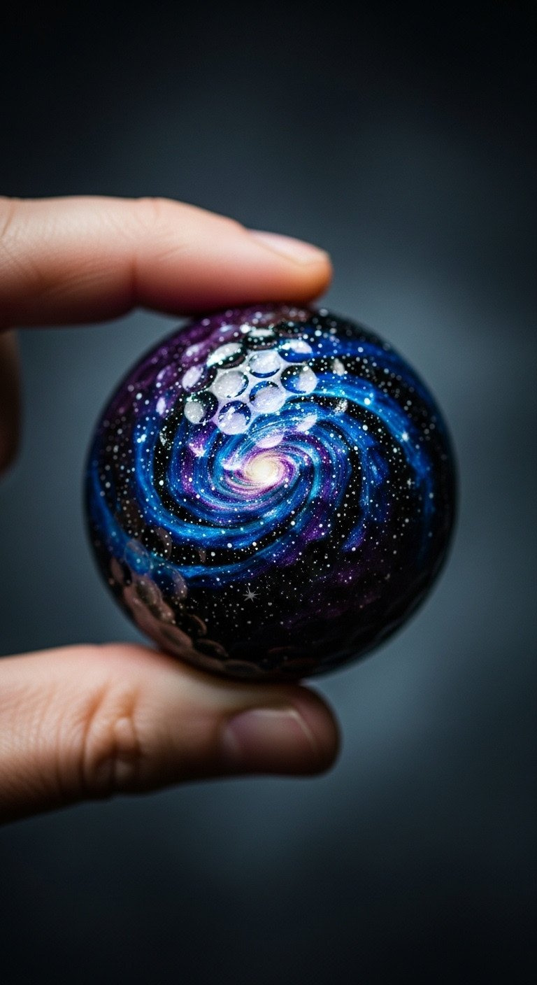 13 Cool Sharpie Golf Ball Designs With Step By Step Tips Fingertips Hold A Golf Ball Painted With A Cosmic Galaxy Design Of Swirling Blue, Purple, And Black Metallic Ink.