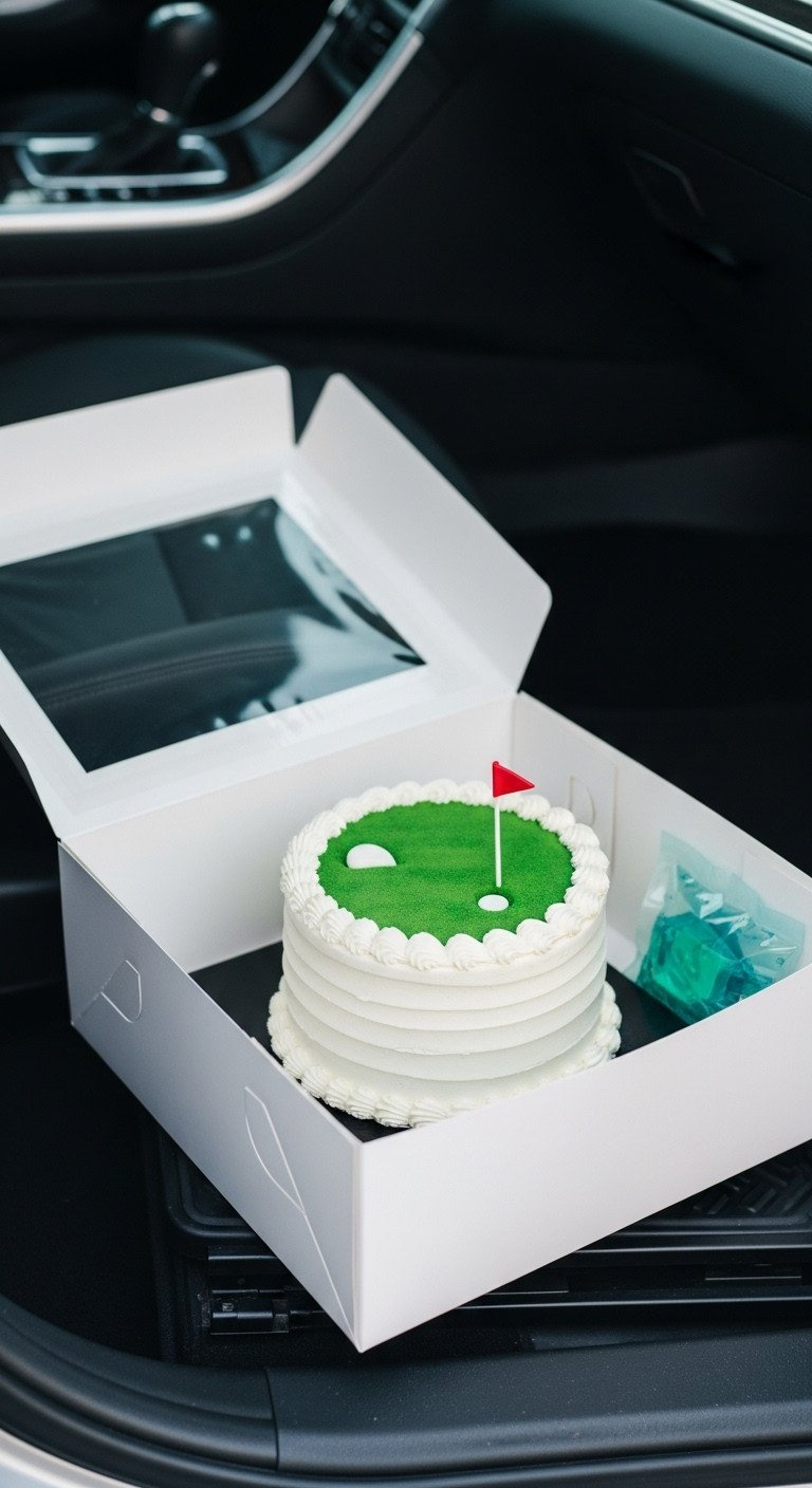 Golf Cake Piping Secrets For Structural Stability Guide Finished Golf Cake Securely Nested In A Food-Safe Transport Box On Car Floorboard, Emphasizing Stability During Travel.