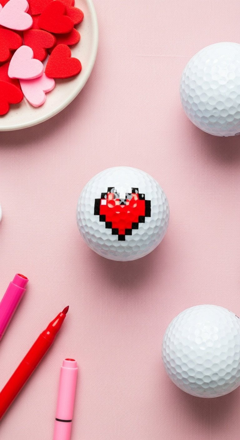 Flat Lay Of A Diy Craft Project: A White Golf Ball With A Red 8-Bit Pixel Heart Drawn On It, On A Pink Linen Background.