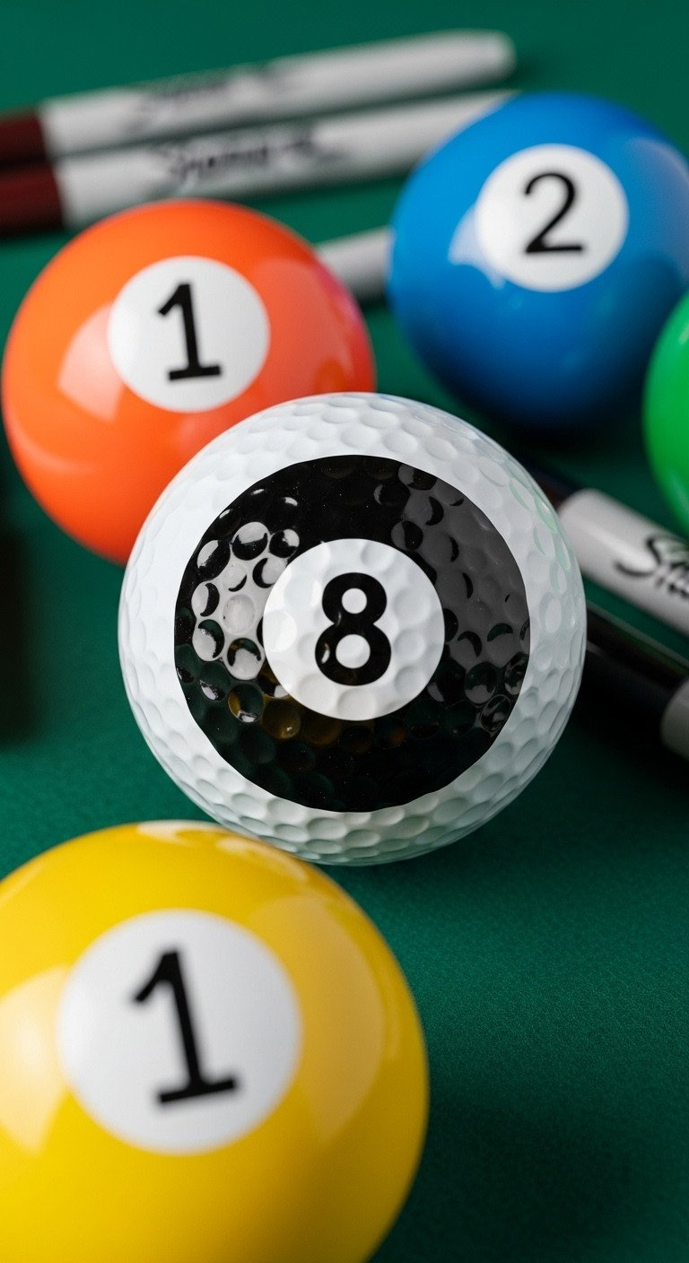 Flat Lay Of A Custom Golf Ball Designed As A Classic 8-Ball On A Green Felt Surface, A Fun Diy Sharpie Art Project Idea.