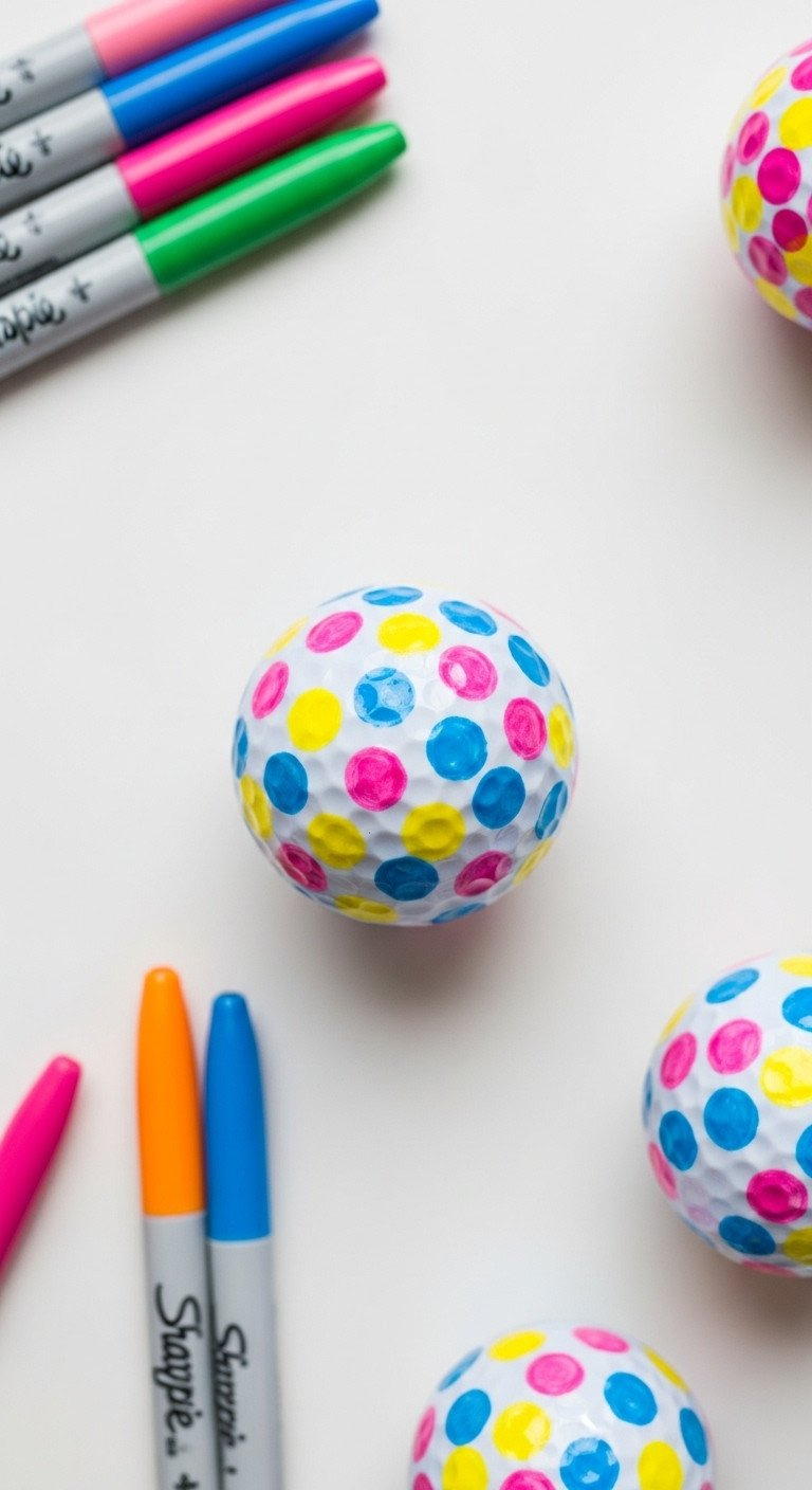 13 Cool Sharpie Golf Ball Designs With Step By Step Tips Flat Lay Of A Golf Ball Decorated With Pink, Blue, And Yellow Polka Dots Surrounded By Colorful Sharpie Markers.
