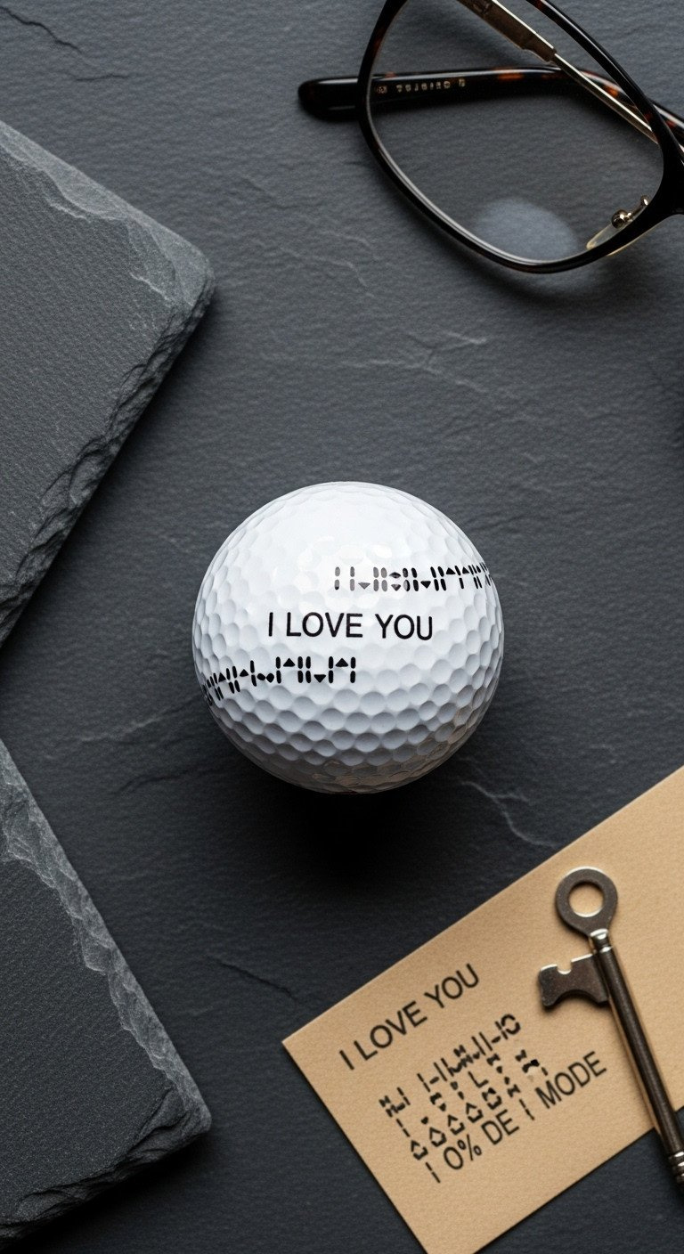 Flat Lay Of A Golf Ball With 'I Love You' In Morse Code, A Unique Diy Gift On A Slate Surface With Glasses And A Key.