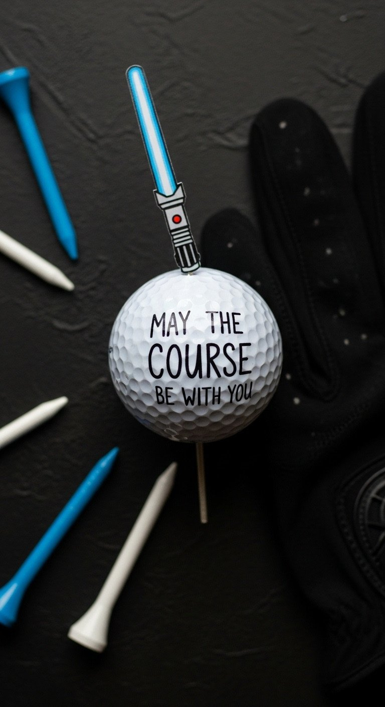 Flat Lay Of A Golf Ball With A Hand-Drawn Lightsaber And 'May The Course Be With You' Pun, Next To A Golf Glove And Tees.