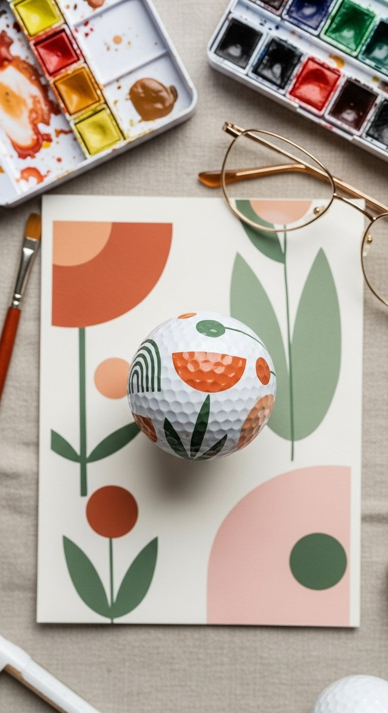 Flat Lay Of A Golf Ball With A Modern Abstract Floral Pattern In Terracotta And Sage, Surrounded By Art Supplies.