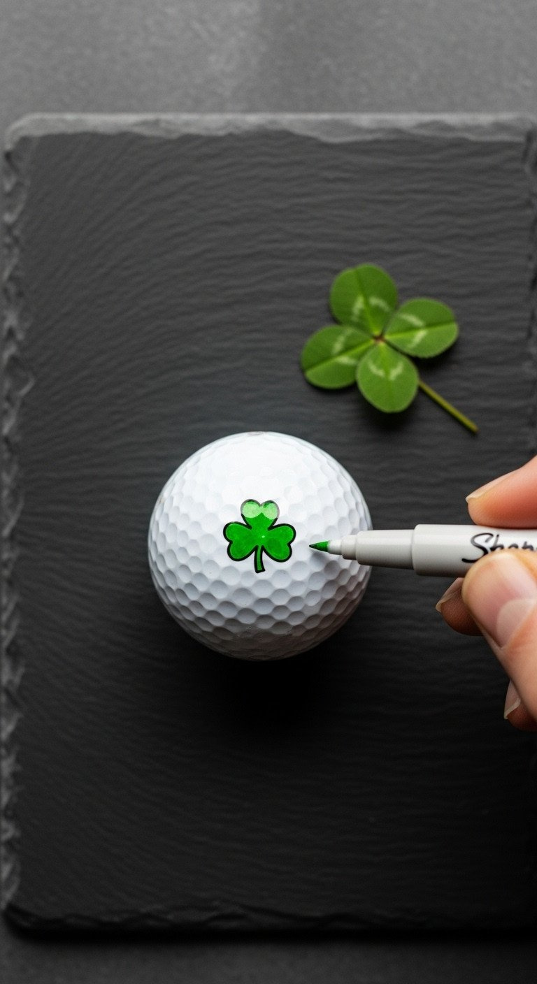 13 Amazing Golf Ball Designs Sharpie Ideas That Last Flat Lay Of A Golf Ball With A Small Green Shamrock Design Next To A Real Four-Leaf Clover On A Dark Slate Surface.