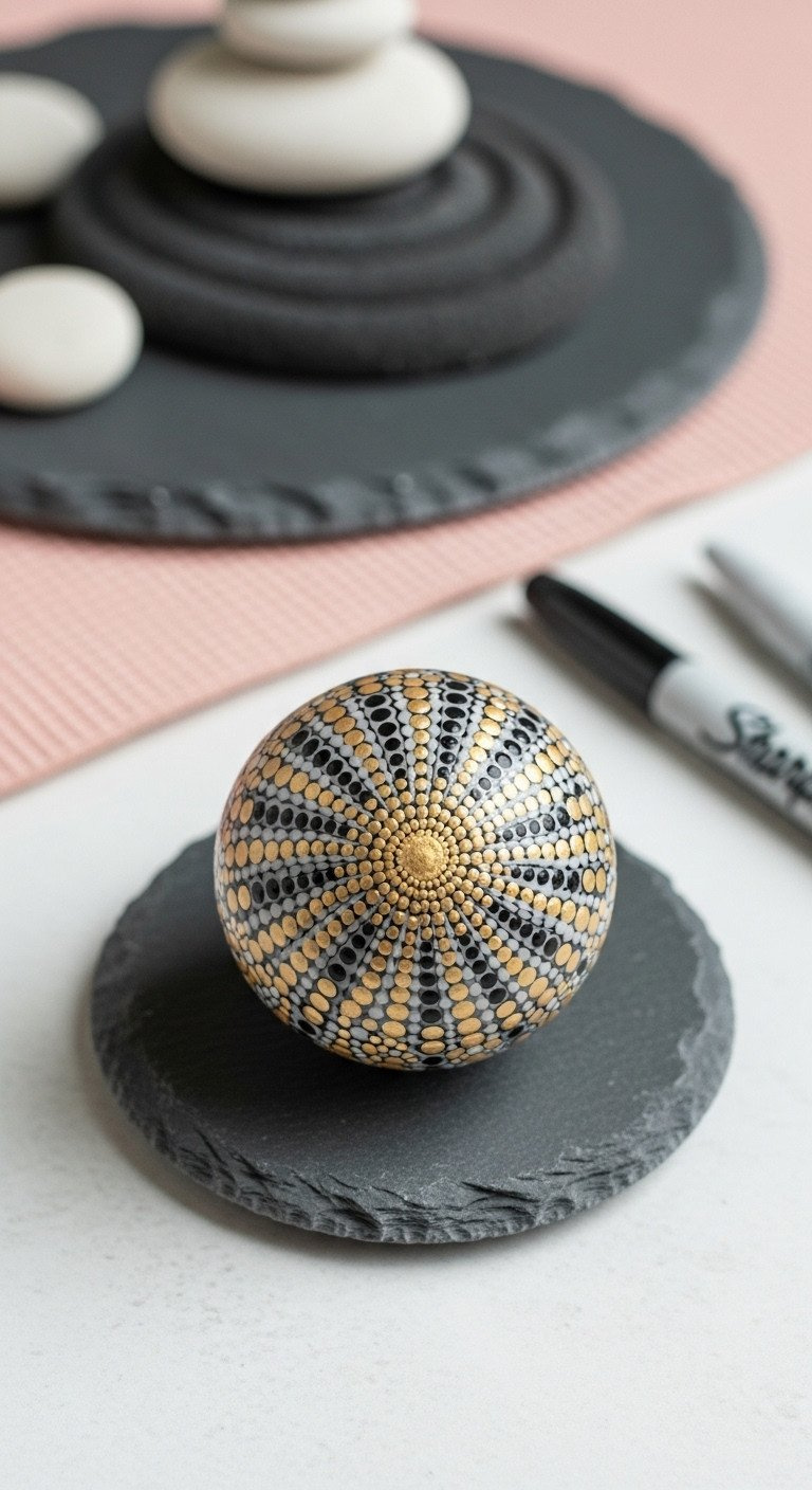 Flat Lay Of A Golf Ball With An Intricate, Hand-Drawn Mandala Dot Pattern In Black And Gold Sharpie On A Slate Coaster.
