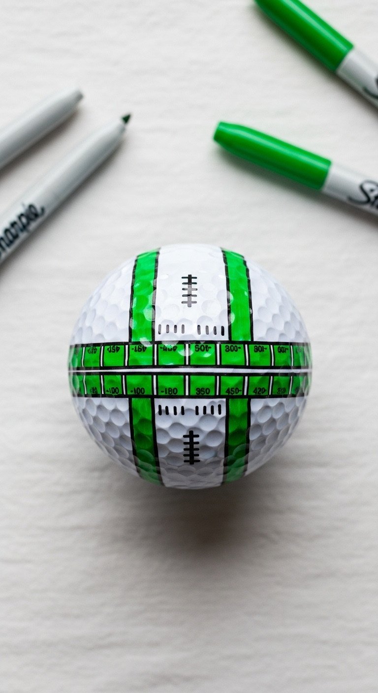 Flat Lay Of A Golf Ball With Hand-Drawn Green Football Field Yard Lines And Hash Marks, Next To Green And White Markers.