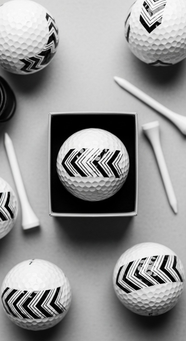 9 Easy Sharpie Golf Ball Designs That Actually Last Flat Lay Of A White Golf Ball With A Modern Black Chevron Pattern, Shown In A Box With Other Geometric Designs.