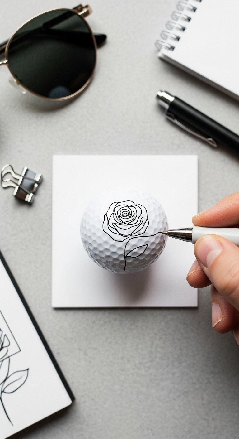 Flat Lay Of A White Golf Ball With A Modern, Single-Line Black Rose Design, Styled With A Notebook And Sunglasses.