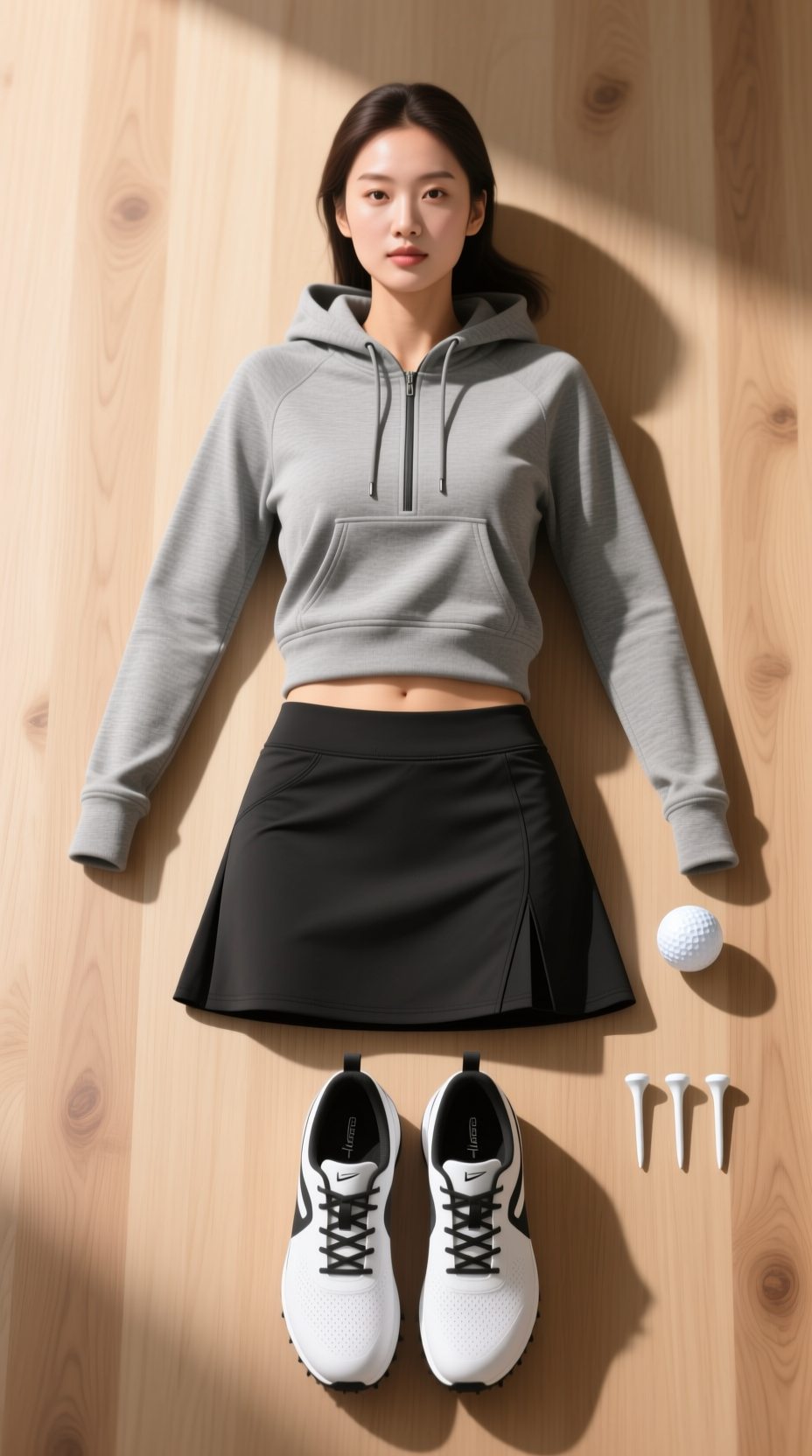 Flat Lay Of A Women'S Golf Outfit With A Heather Gray Hoodie, Black Athletic Skirt, And Spikeless Shoes On A Wood Floor.