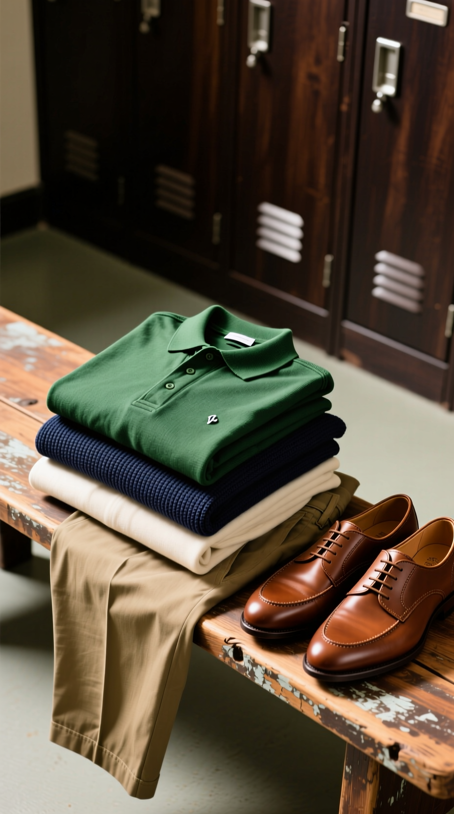 Flat Lay Of Folded Golf Apparel: A Green Polo, Navy Sweater, And Khaki Chinos On A Wooden Locker Room Bench.