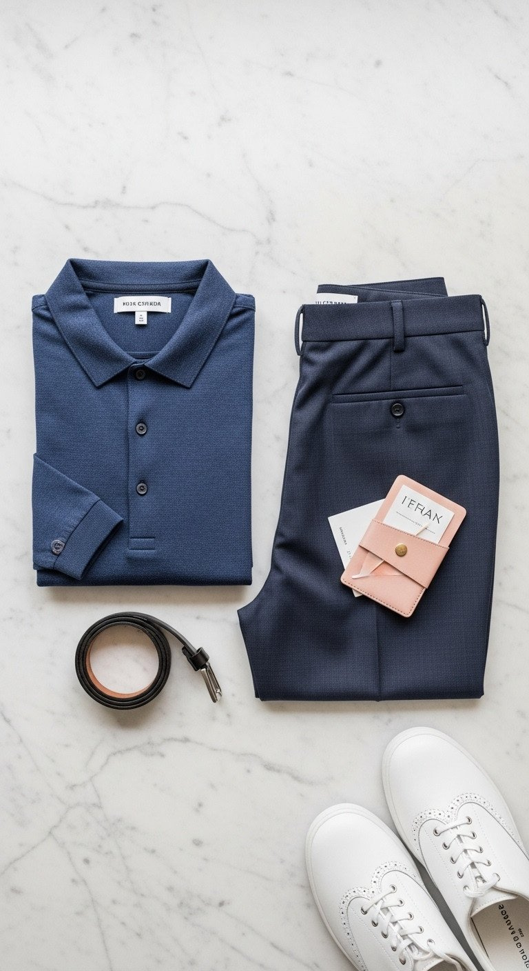 Flat Lay Of Luxury Golf Apparel: Navy Knit Polo, Tailored Performance Trousers, Leather Belt, White Golf Shoes, Scorecard Holder On Marble.