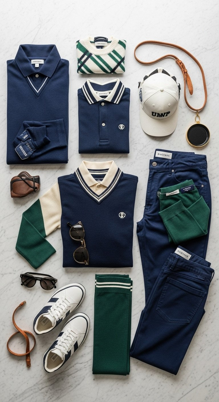 Family Golf Aesthetic Master The Cohesive Heritage Look Flat Lay Of Navy, Cream, Forest Green Golf Apparel: Knitwear, Chinos, And Leather Accessories On Marble For A Cohesive Family Golf Aesthetic.