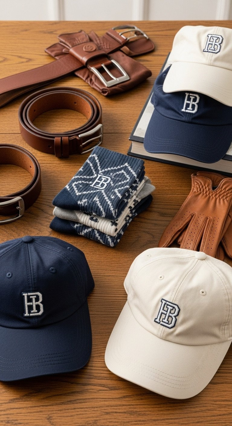Family Golf Aesthetic Master The Cohesive Heritage Look Flat Lay Of Stylish Golf Accessories: Brown/Navy Leather Belts, Patterned Socks, Cream Caps, Leather Gloves On Rustic Wood.