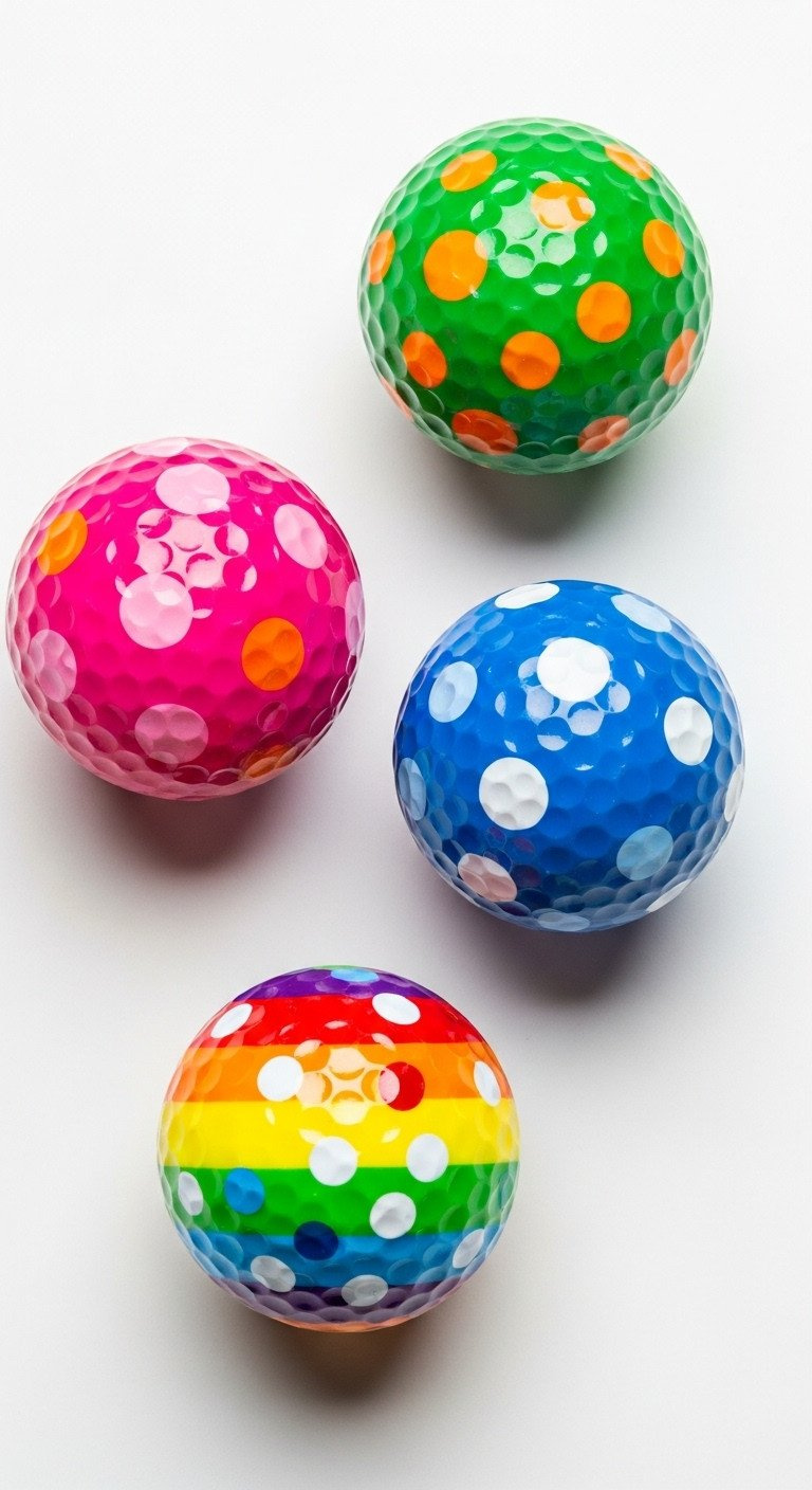 Flat Lay Of Three Golf Balls With Colorful, Playful Polka Dot Designs In Various Colors Against A Clean White Background.