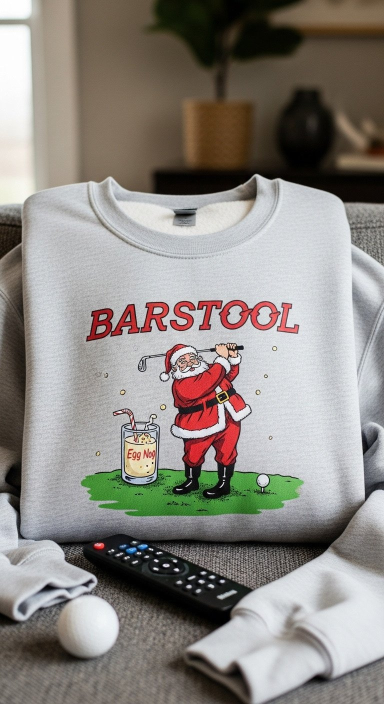 Fleece-Lined Crewneck Sweatshirt With Funny Barstool-Style Drunken Golf Santa And Egg Nog Graphic. On Grey Linen With Golf Ball.