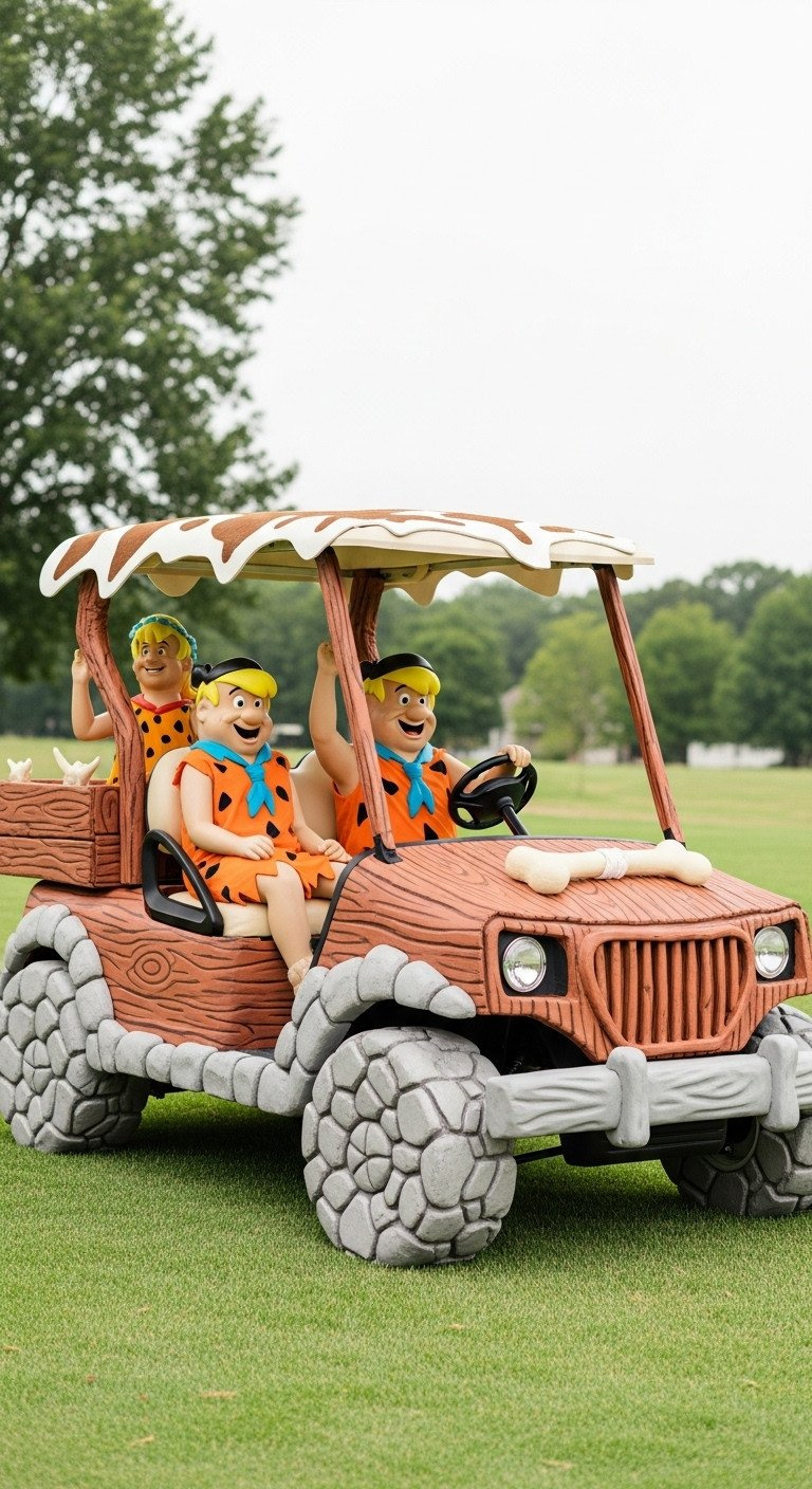 Flintstones Car Golf Cart Replica With Primitive Rock, Wood, Stone Wheels, Faux Animal Hide Roof, And Caveman Props.