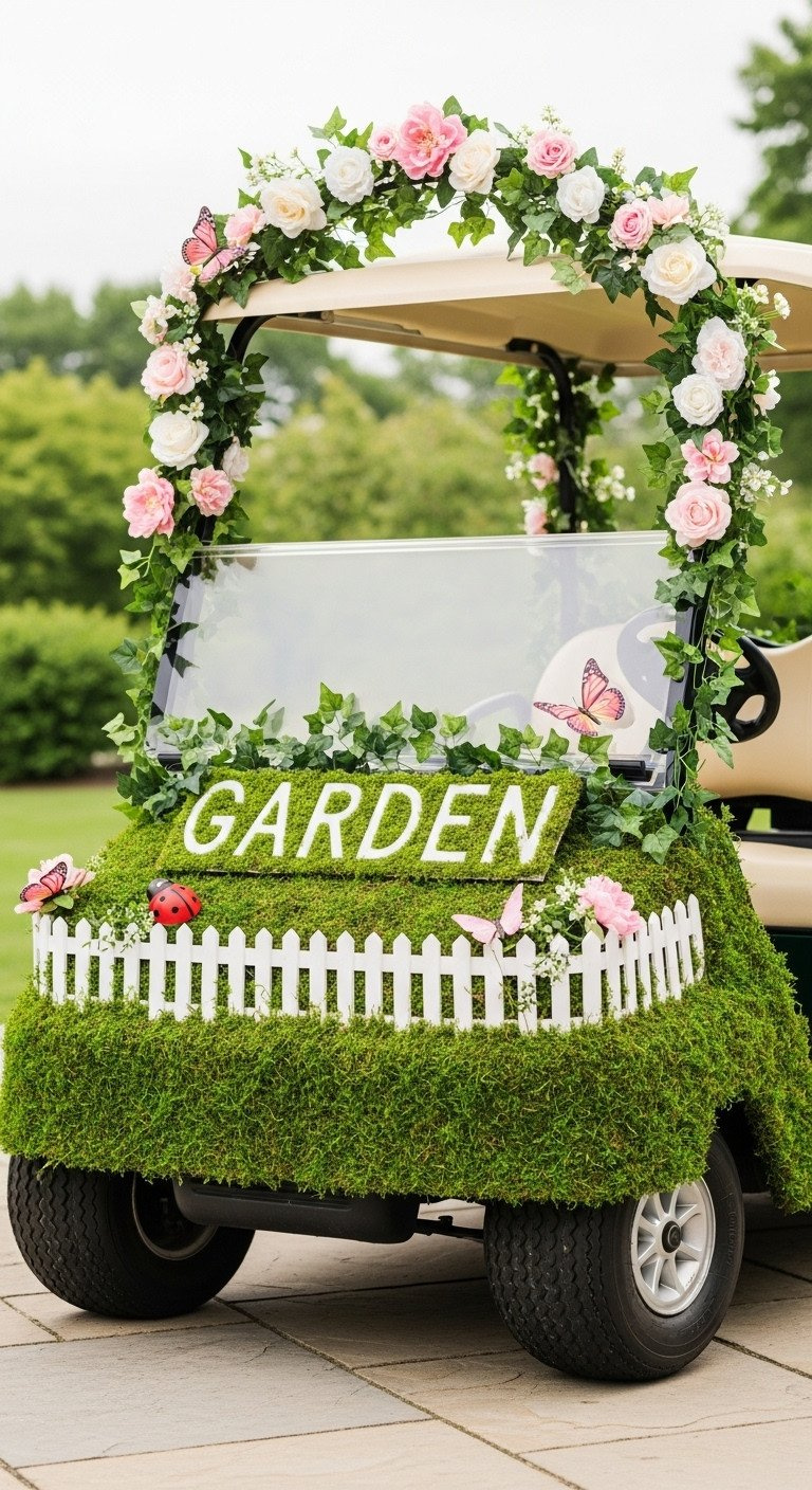 11 Genius Golf Cart Decorating Ideas To Win Every Contest Floral Garden Golf Cart Float, Faux Flowers, Lush Ivy, Decorative Archway, Picket Fence. Stone Patio.