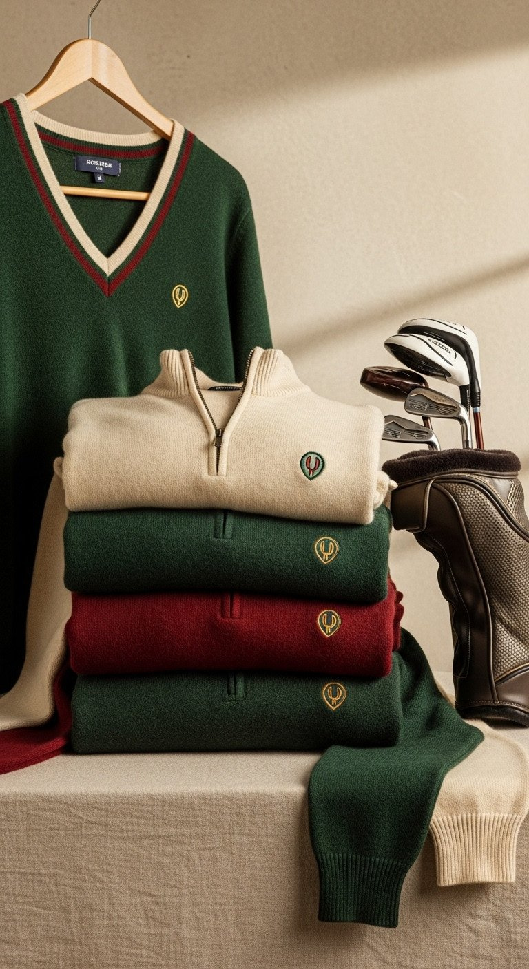 Family Golf Aesthetic Master The Cohesive Heritage Look Folded Classic Golf Knitwear: Hunter Green, Burgundy, Cream Merino Wool Sweaters, Cardigan, On Linen Tablecloth.