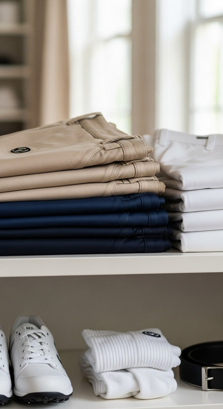 Family Golf Aesthetic Master The Cohesive Heritage Look Folded Tailored Golf Chinos And Skorts In Navy, Beige, White On A Shelf, With Leather Belt, Embodying Heritage Golf Style.