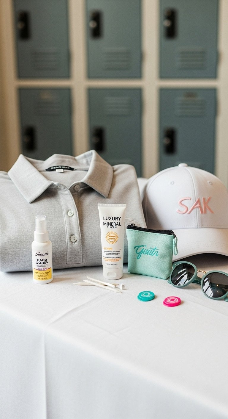 Folded Women'S Golf Polo, Luxury Mineral Sunscreen, Tee Pouch, Stylish Golf Hat, Sunglasses. Women'S Golf Essentials And Fashion.