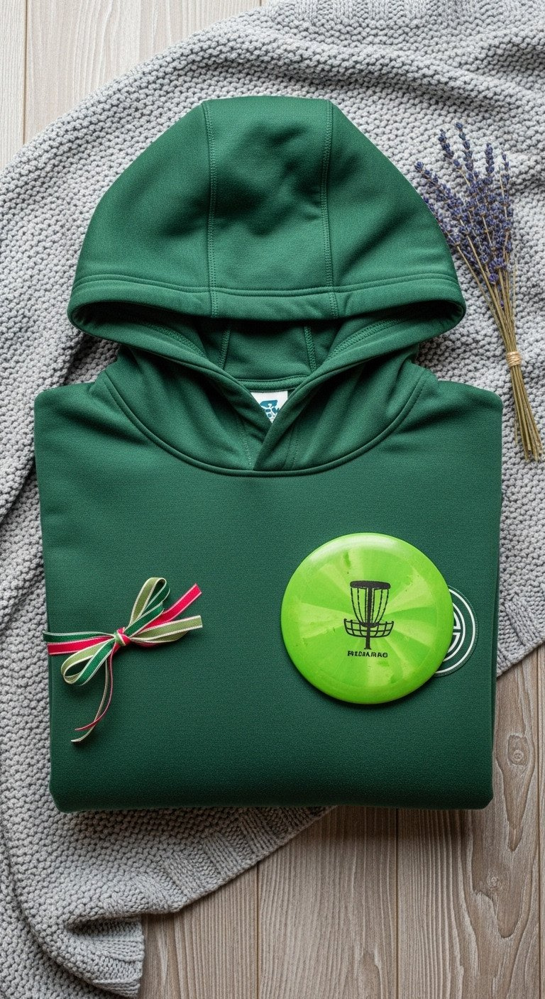 Forest Green Thermal Disc Golf Hoodie Folded, With A Custom Mini-Marker Disc, Ribbon, And Lavender On A Wood Surface.