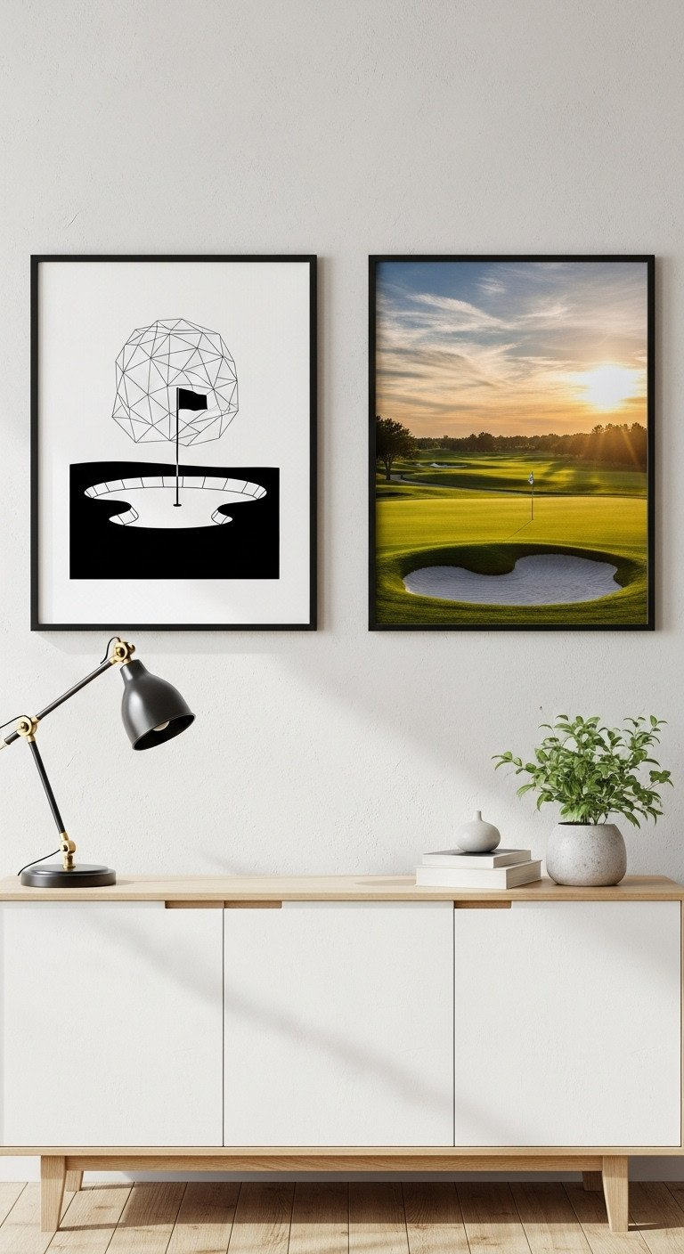 Smart Guide To Golf Wall Art Quality Sizing And Style Framed Golf Art Comparison: Minimalist Bunker Silhouette And Vibrant Scenic Course Photo On A Neutral Wall, Perfect For Modern Home Decor.