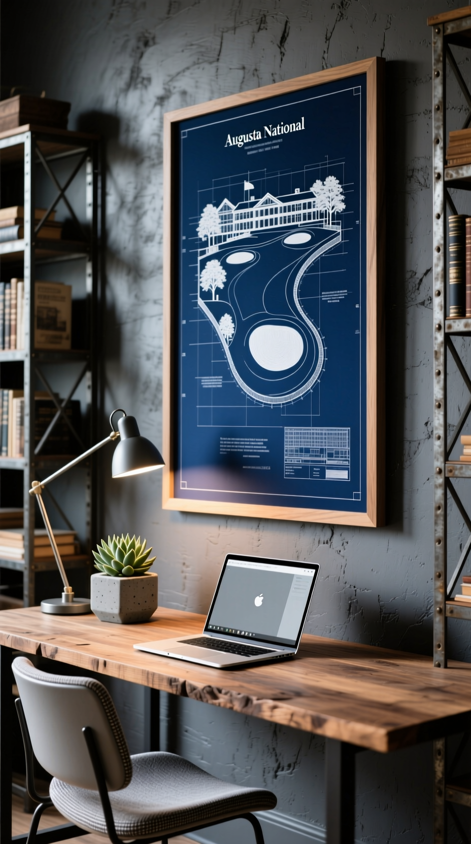 Framed Golf Course Architectural Blueprint Art Hangs On A Charcoal Wall Above A Wooden Desk In An Industrial-Chic Office.