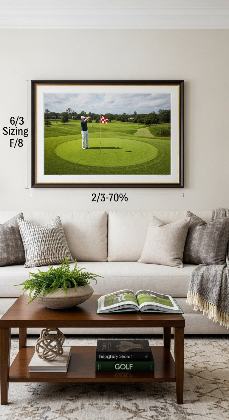 Smart Guide To Golf Wall Art Quality Sizing And Style Framed Golf Print Above An 8-Foot Sofa, Illustrating The 2/3 Sizing Rule For Balanced Living Room Wall Art Decor.