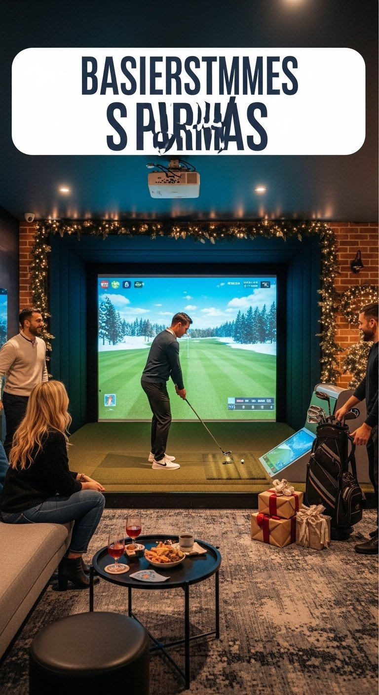 Friends Laughing At A Christmas Party In A Golf Simulator Bay With Festive Lights, Garland, And Wrapped Presents.