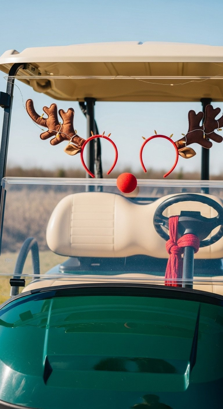 Front Of Golf Cart Decorated With Fabric Reindeer Antlers, Bright Red Nose, &Amp; Fairy Lights; Festive Holiday Golf Cart Decor.