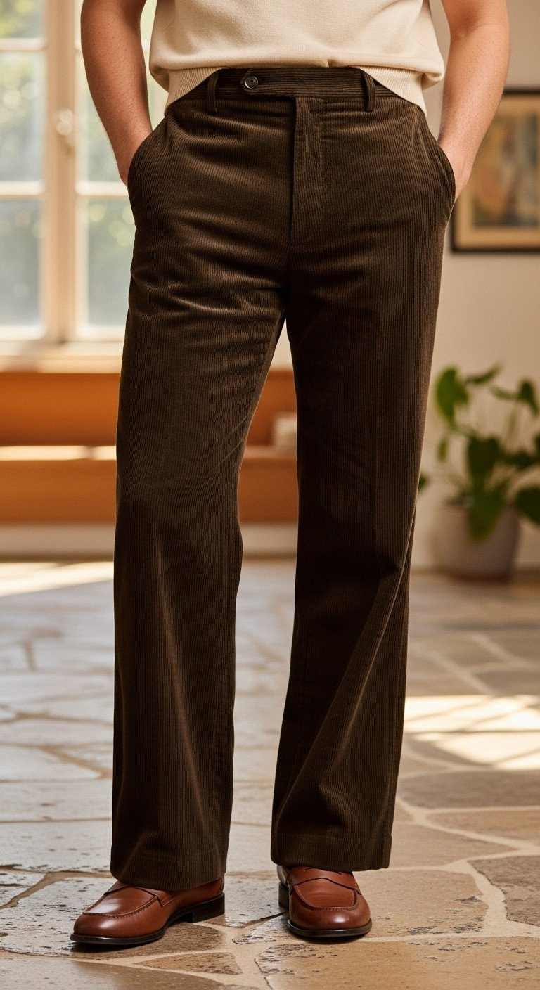 Golf Le Fleur Aesthetic Pillars Style Guide And Outfit Lookbook Golf Le Fleur* 1970S Menswear: Relaxed Wide-Leg Chocolate Corduroy Trousers, Tucked Knit Top, Leather Loafers On A Stone Floor.