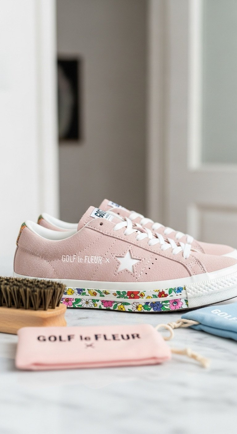 Golf Le Fleur Converse One Star Suede Sneakers, Floral Outsole, Pastel Pinks, Baby Blues, White, Marble, Cleaning Brushes, Dust Bag.