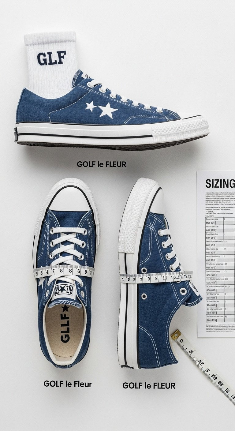 Golf Le Fleur Converse Shoes, One Star And Chuck 70, Same Size, Different Length, With Measuring Tape, Sizing Chart.