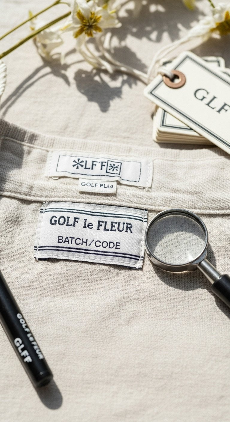 Golf Le Fleur Apparel Authenticity: Macro View Of Precise Stitching, Asterisk Logo, Batch Code, Magnifying Loupe.