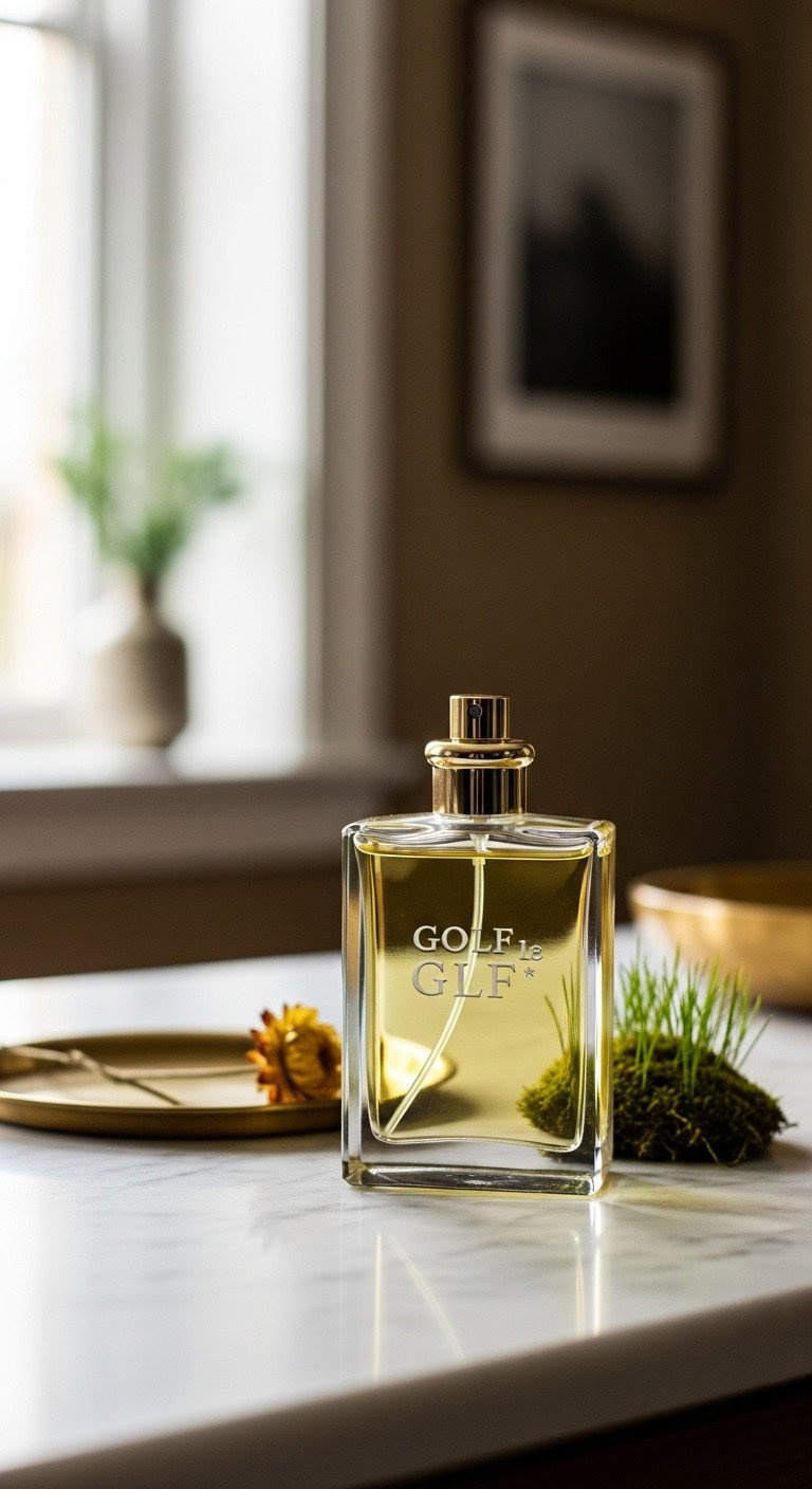 Golf Le Fleur Fragrance: Bespoke Glass Bottle, Atomizer, Etched Logo, Moss, Marble Countertop, Brass Tray.