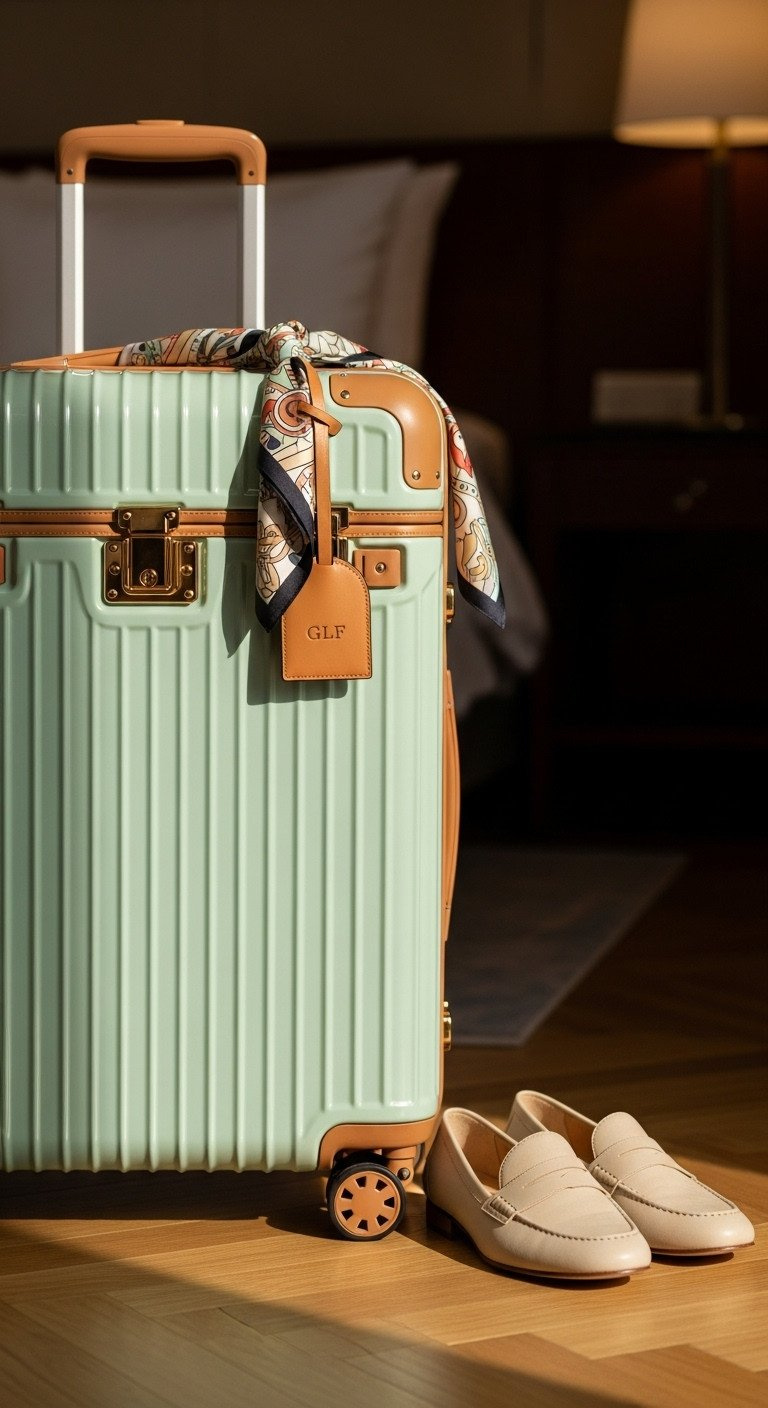 Golf Le Fleur Hard-Shell Suitcase In Pastel Green, Leather Trim, Custom Lock Hardware, Silk Scarf, Glf Loafers.