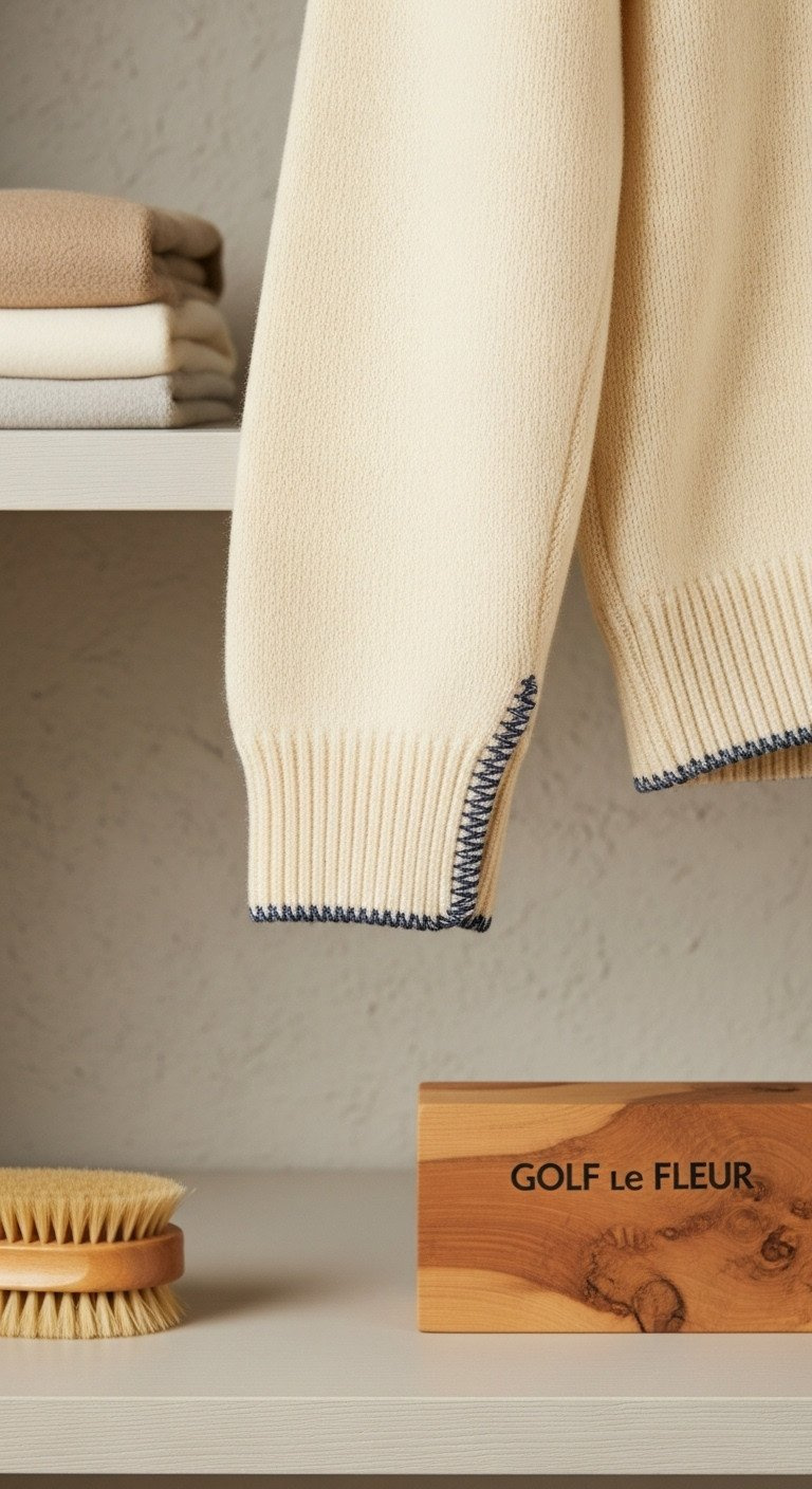 Golf Le Fleur Knit Sweater Close-Up, Premium Wool, High-Density Stitching On Cuff, Garment Brush, Cedar Block.