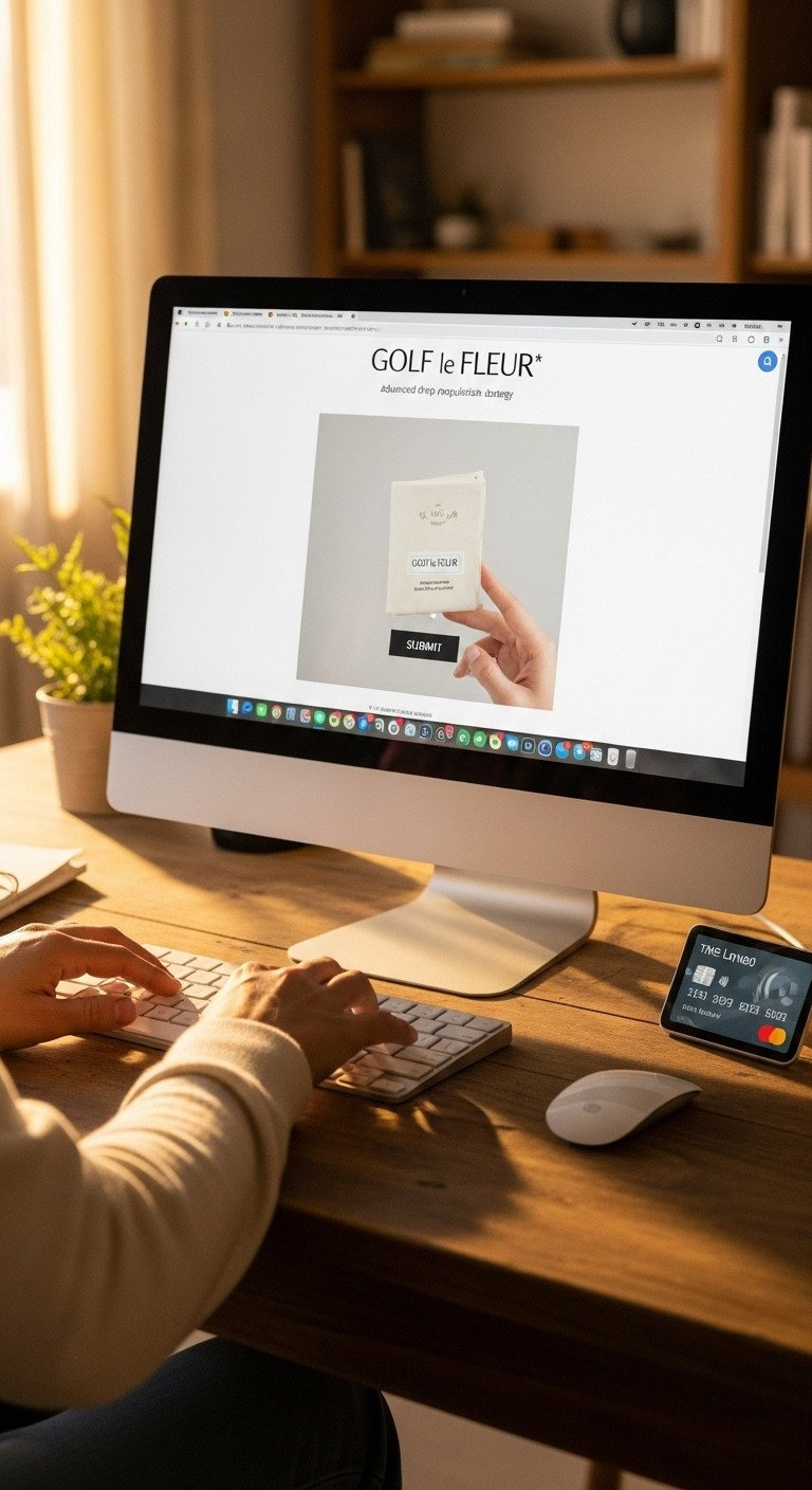 Golf Le Fleur Website Checkout Page, Product Drop, Blurred Hands On Keyboard, Time Sync Tool, Credit Card.