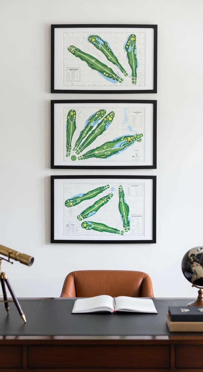 Gallery Of Framed Augusta And St. Andrews Golf Course Blueprint Maps On A White Wall, With An Antique Telescope And Globe In A Home Office.