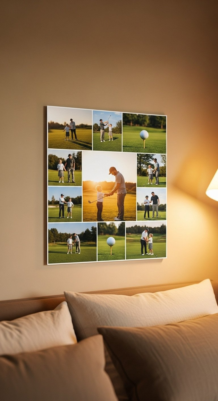 11 Golf Aesthetic Collage Ideas To Perfect Your Room Gallery Wall With Three Wood-Framed Photos Of Famous Golf Courses: St. Andrews, Augusta National, And Pebble Beach.