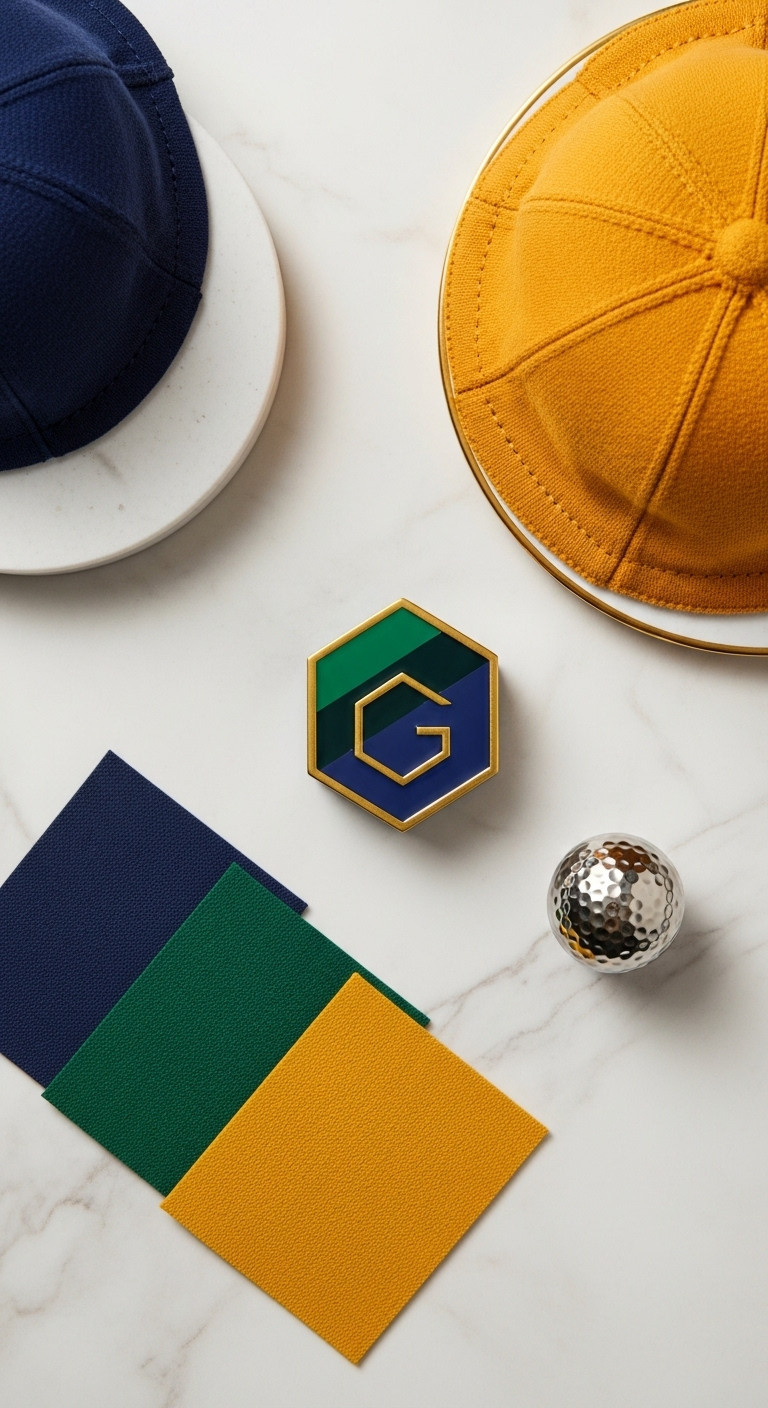 Geometric Golf Logo With Deep Navy, Forest Green, Metallic Gold Color Palette, Flat Lay On Marble, Fabric Swatches.