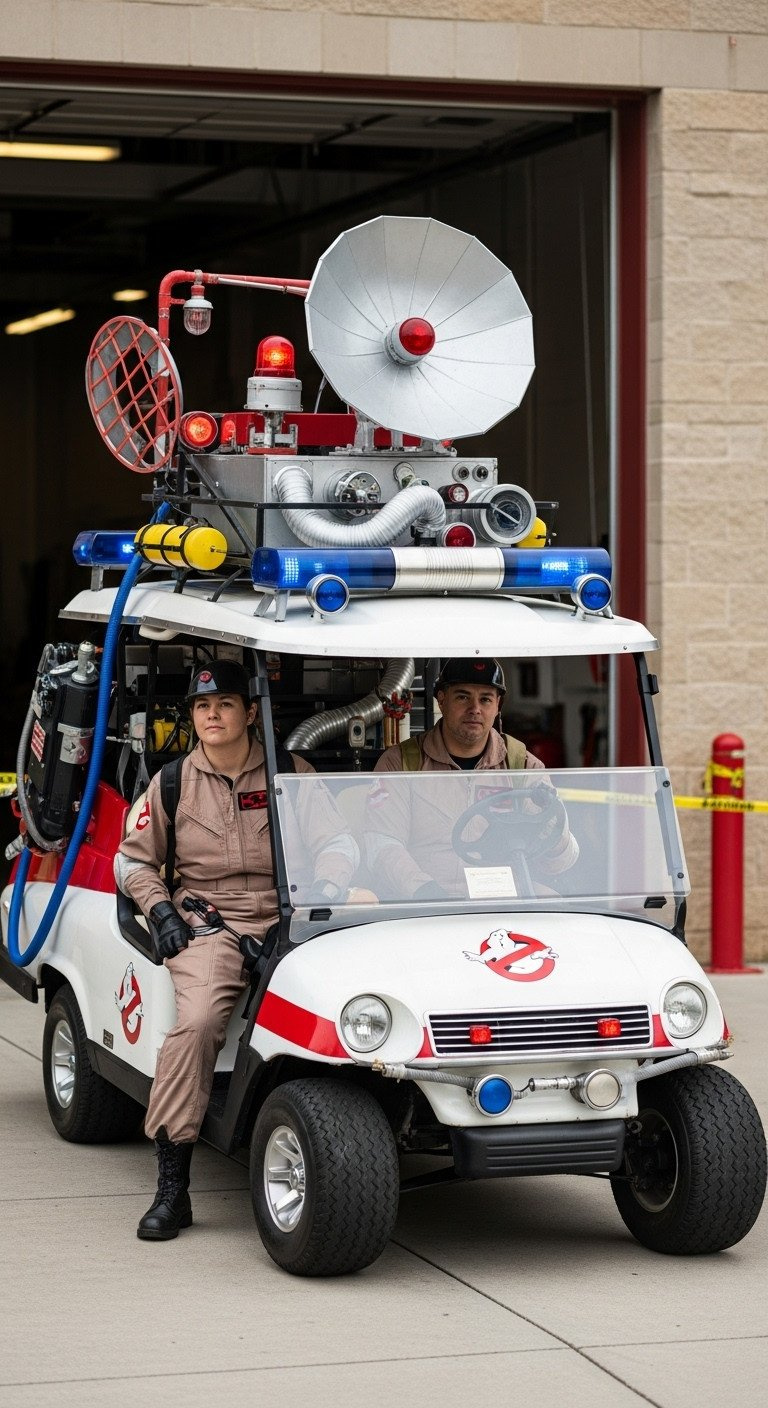Ghostbusters Ecto-1 Golf Cart Replica With Iconic Roof Rack, Proton Packs, Radar, Red Lights, And Caution Tape.