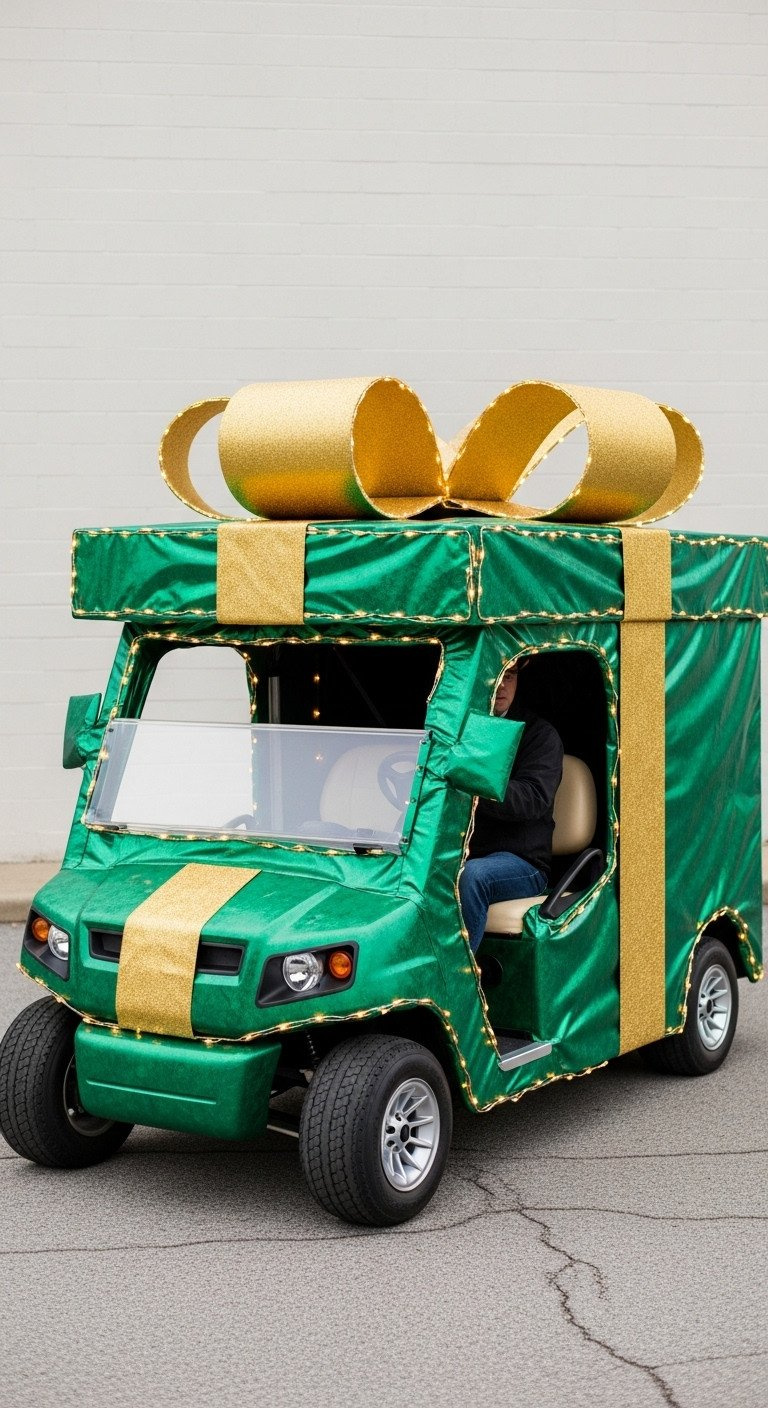 9 Genius Golf Cart Decorating Ideas Structural Pvc Guide Giant Christmas Gift Box Golf Cart: Metallic Green Wrapping, Shimmering Gold Bow, Integrated Lights. Festive Holiday Decor.