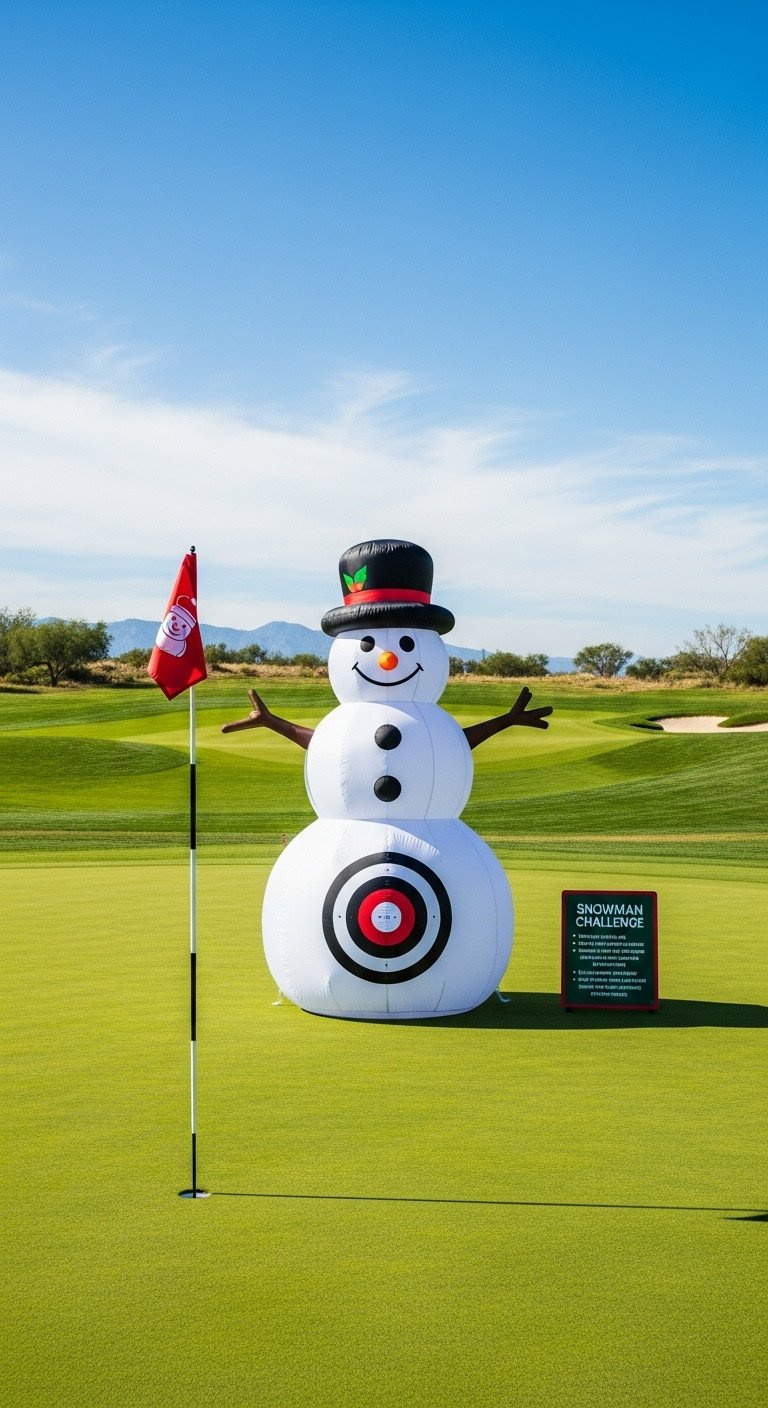 Giant Inflatable Snowman With Red Bullseye Target On A Sunny Golf Course Fairway, A Fun Holiday Gimmick Hole.