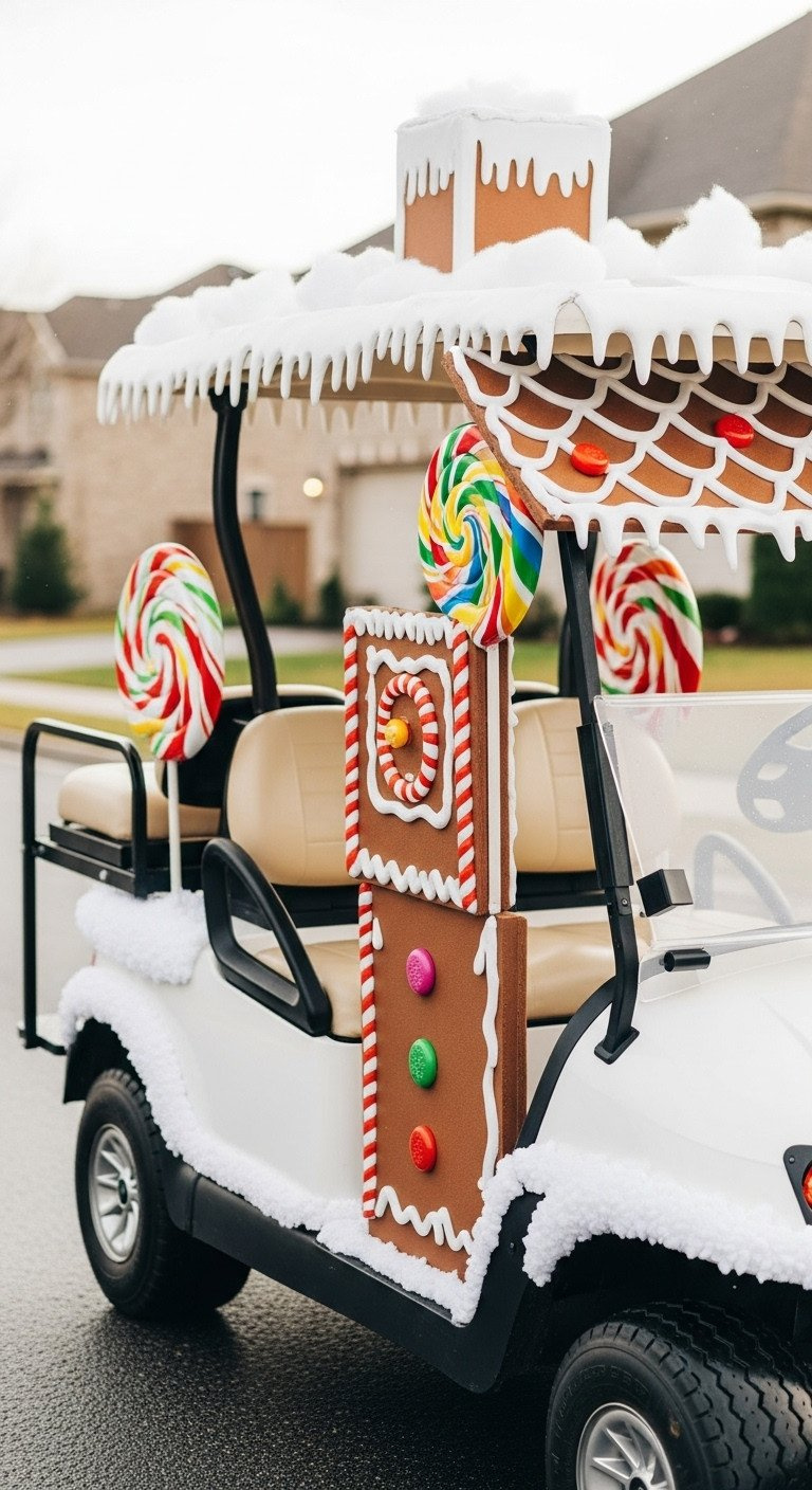 9 Genius Golf Cart Decorating Ideas Structural Pvc Guide Gingerbread House Golf Cart: Warm Brown Walls, White Icing, Candy Accents, Snowy Roof, Lollipops. Festive Christmas Decoration.